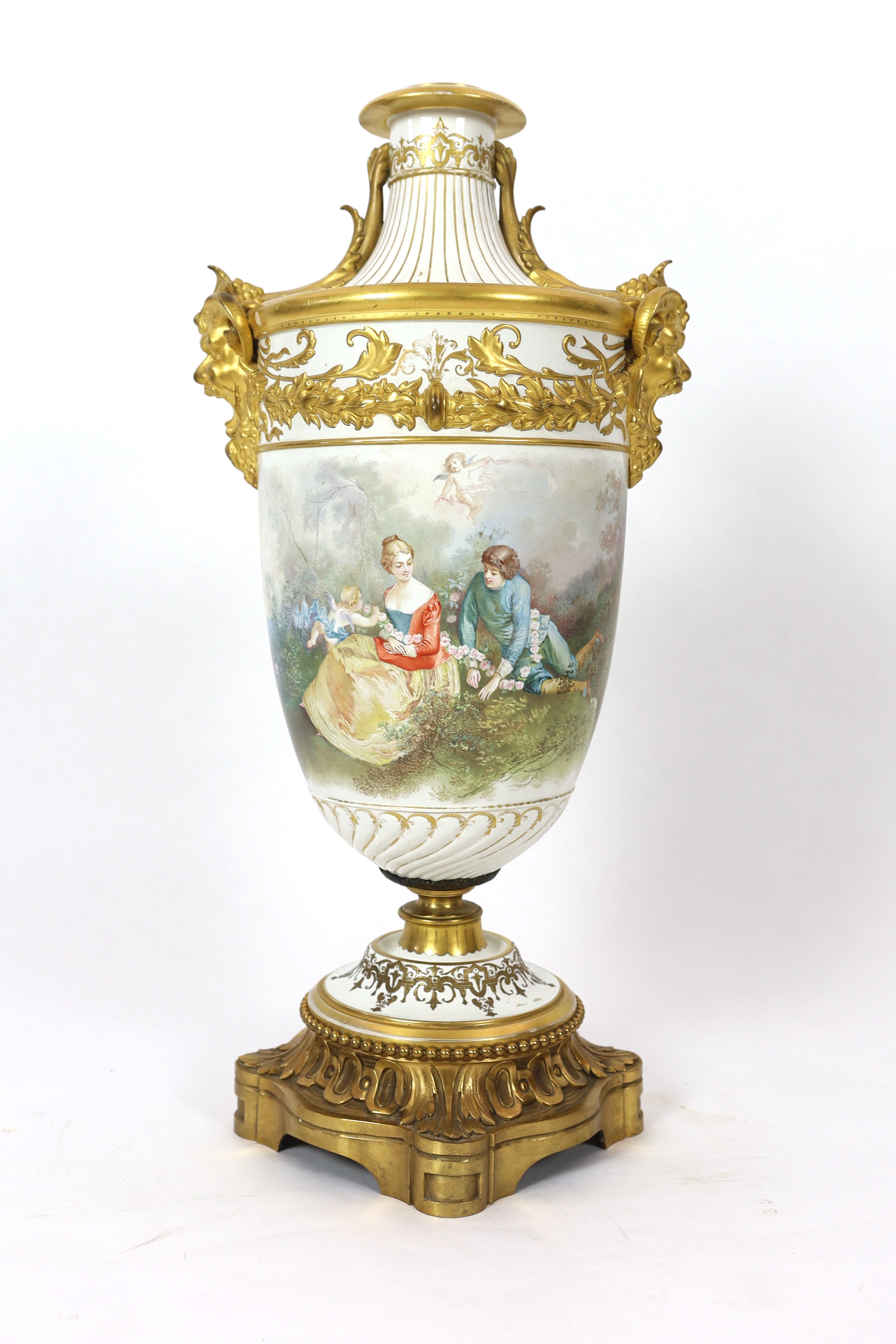 A large French porcelain and ormolu mounted vase, late 19th century, wear to gilding